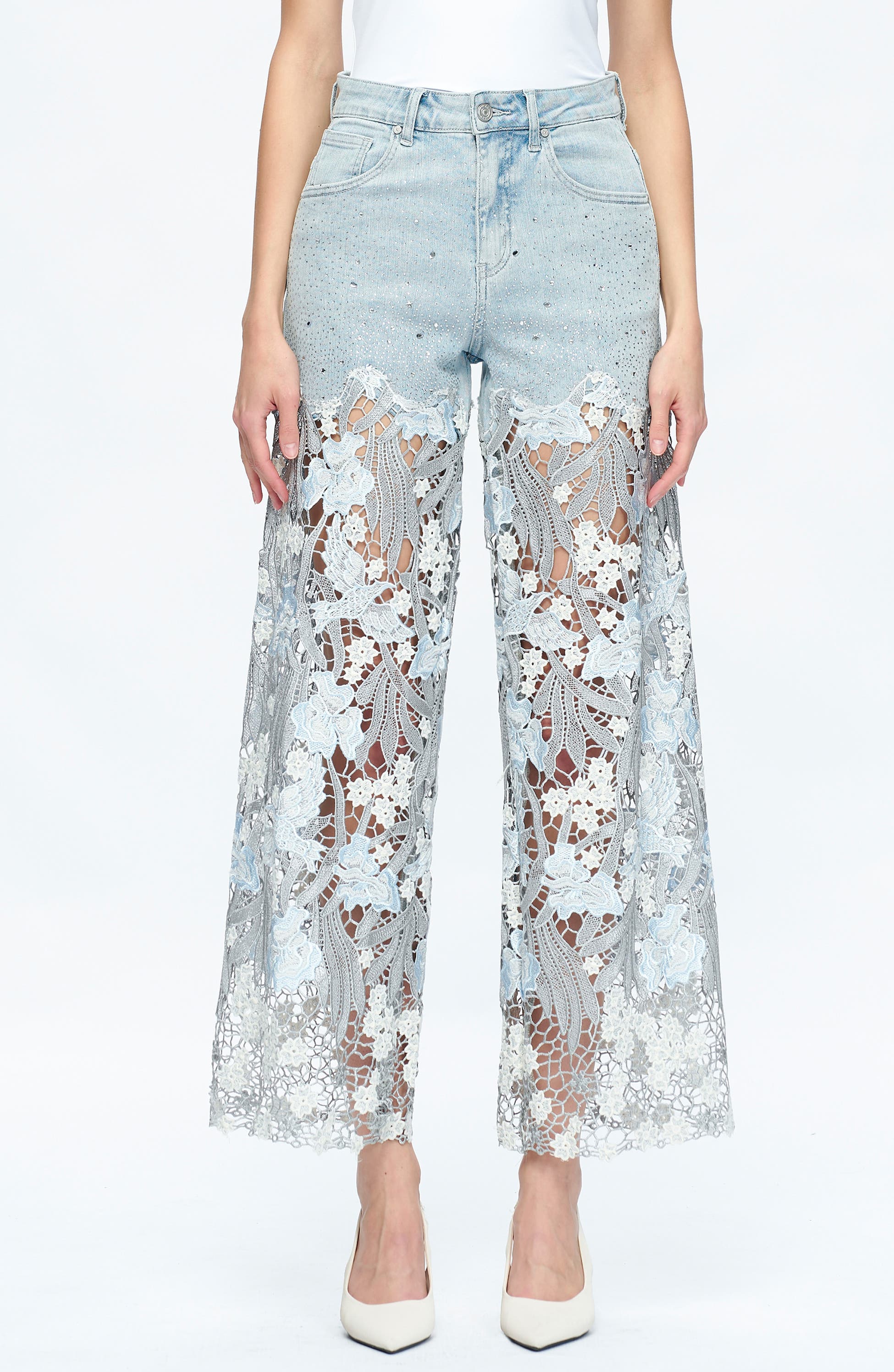 Bayeas High Waist Crystal Embellished Lace Wide Leg Jeans, Main, color, Lesley Blue