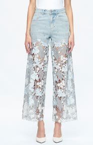 Bayeas High Waist Crystal Embellished Lace Wide Leg Jeans