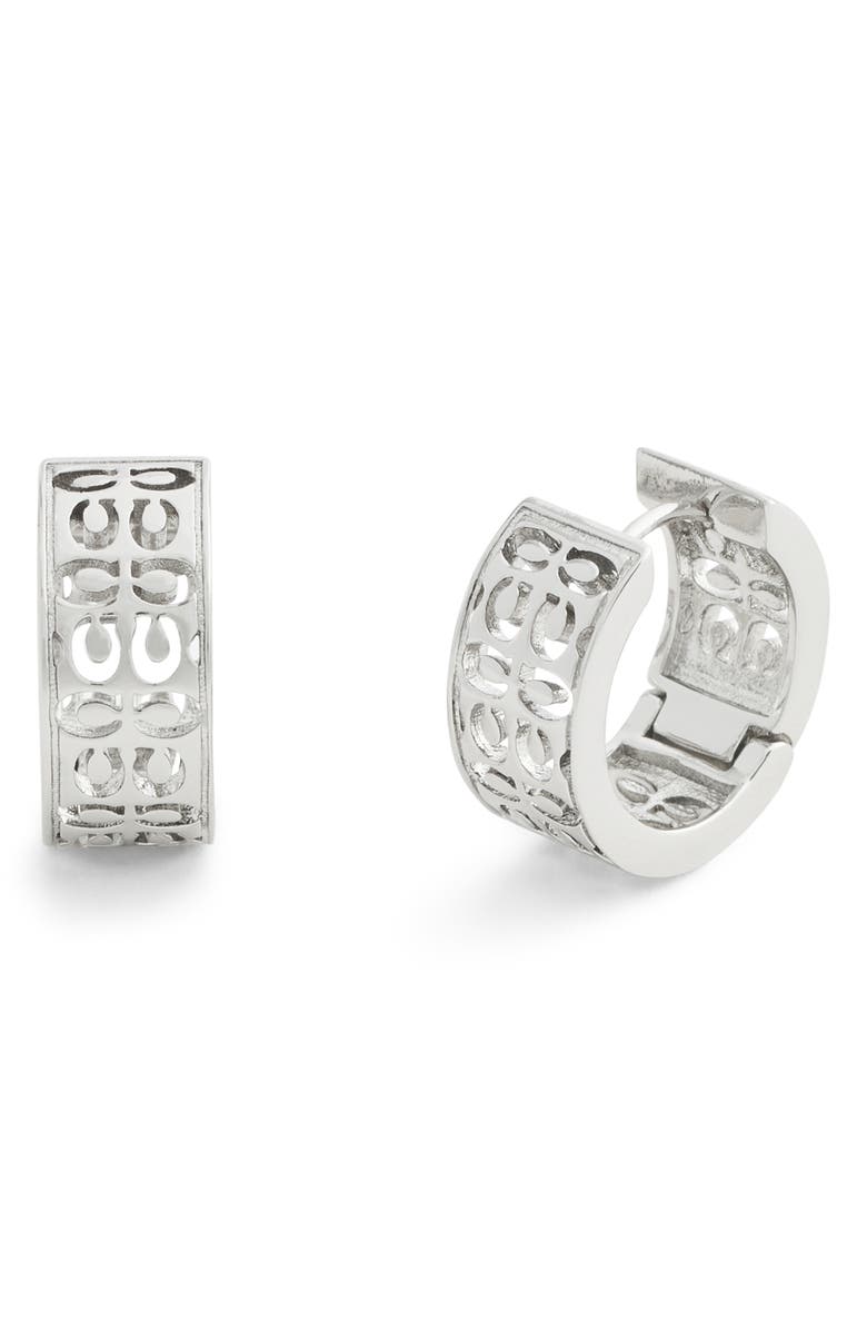 COACH Quilted Cutout Huggie Hoop Earrings, Main, color, Rhodium