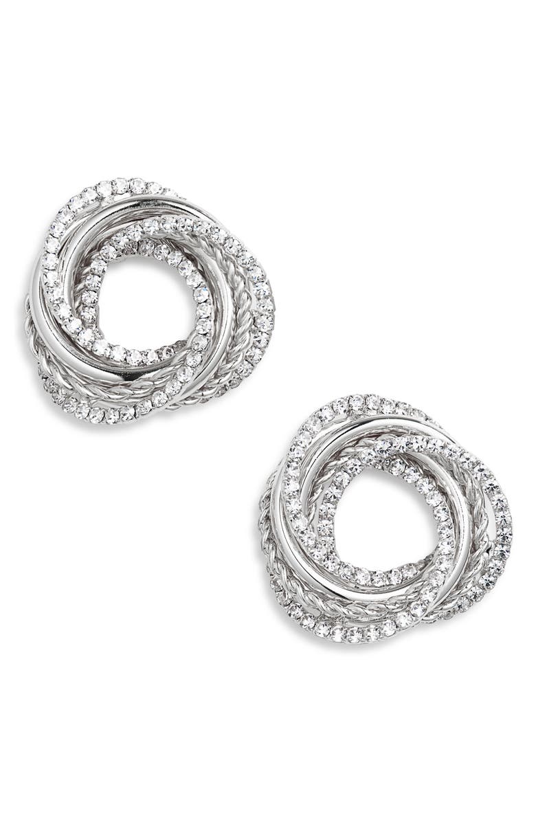 Tasha Crystal Infinity Twist Stud Earrings, Main, color, Silver Crystal