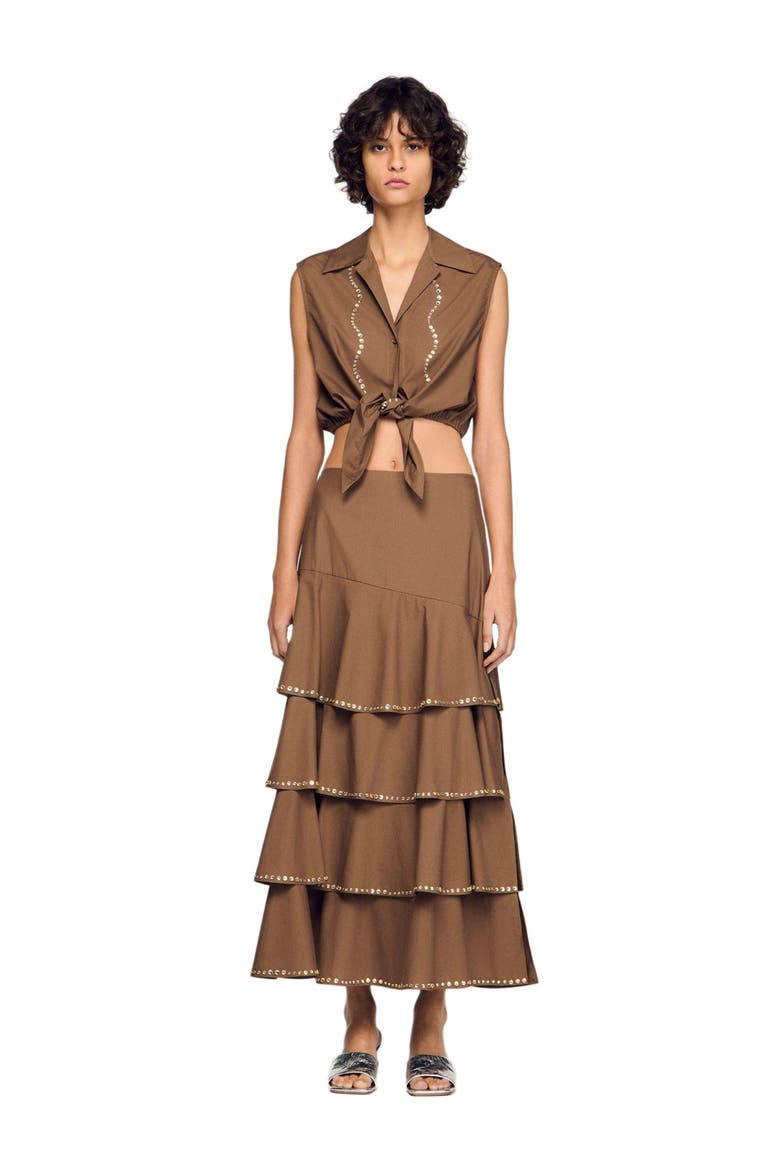 Long ruffled rhinestone skirt, Alternate, color, Brown