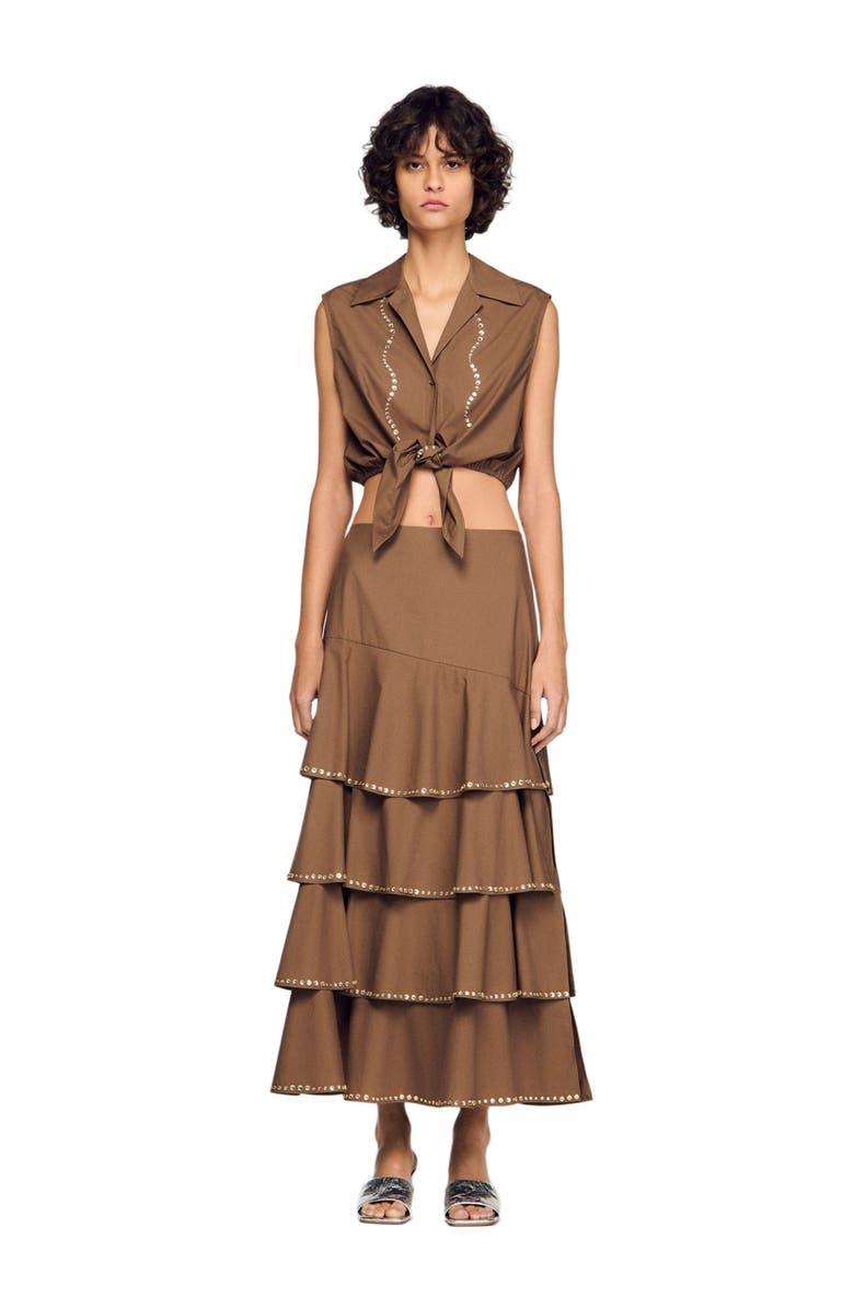 SANDRO Long ruffled rhinestone skirt, Alternate, color, Brown