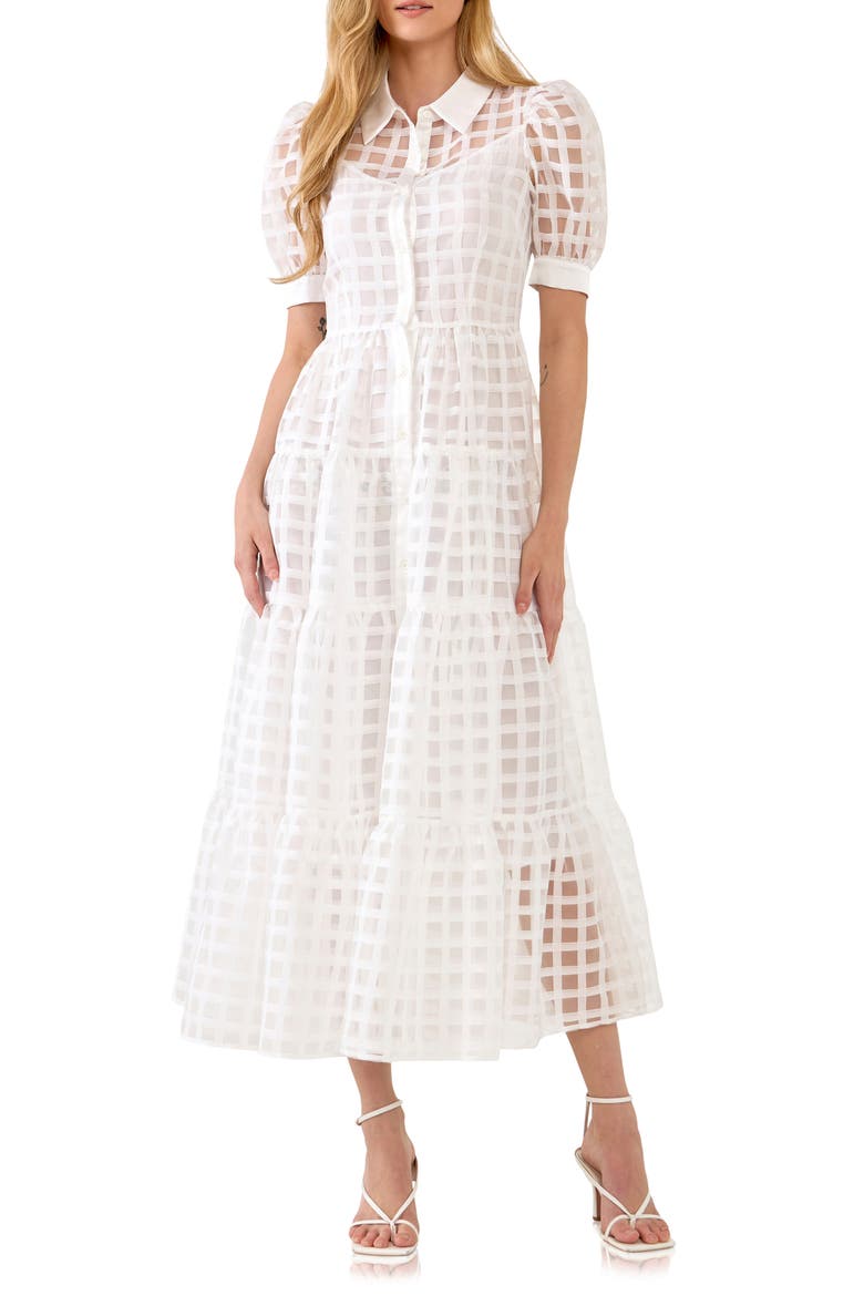 Grid Pattern Tiered Midi Shirtdress, Main, color, WHITE