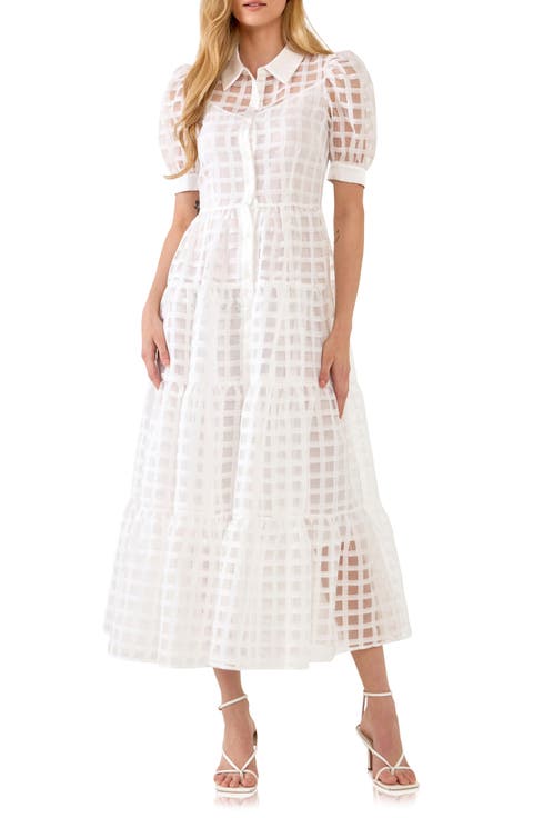 Grid Pattern Tiered Midi Shirtdress