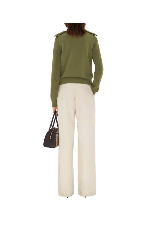 Burberry Check Epaulette Wool Cashmere Blend Sweater In Green