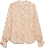 MANGO Floral Print Pintuck & Lace Shirt