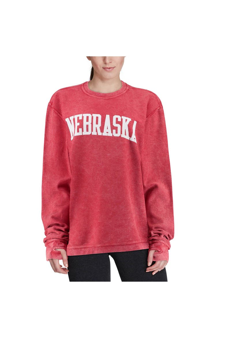 Women's Pressbox Scarlet Nebraska Huskers Comfy Cord Vintage Wash Basic Arch Pullover Sweatshirt, Alternate, color, Scarlet