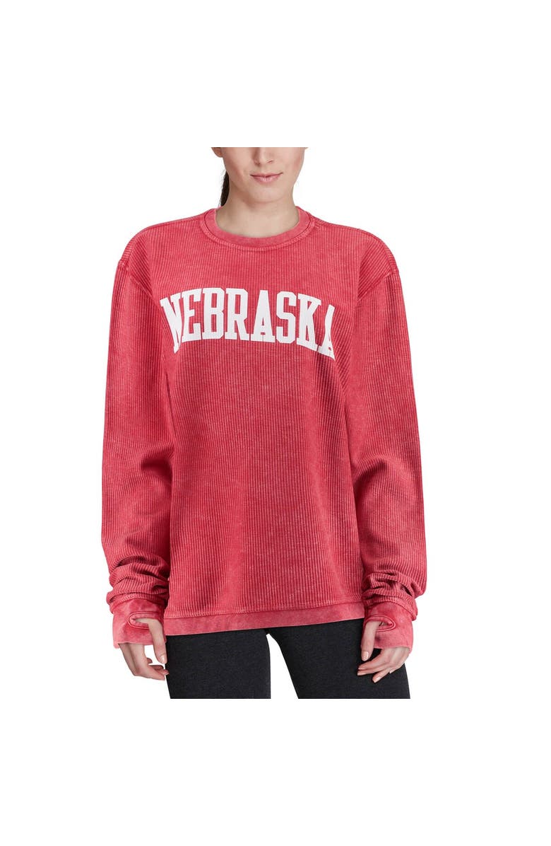 PRESSBOX Women's Pressbox Scarlet Nebraska Huskers Comfy Cord Vintage Wash Basic Arch Pullover Sweatshirt, Alternate, color, Scarlet