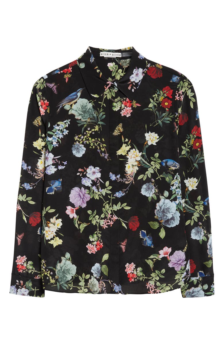 Alice + Olivia Floral Silk Button-Up Shirt, Alternate, color, Venus Floral