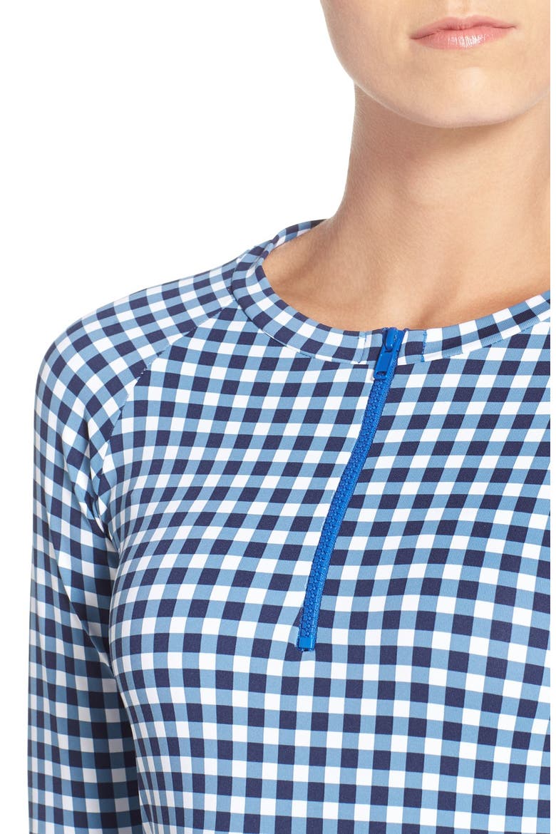 Gingham Rashguard, Alternate, color, MARE BLUE/ WHITE