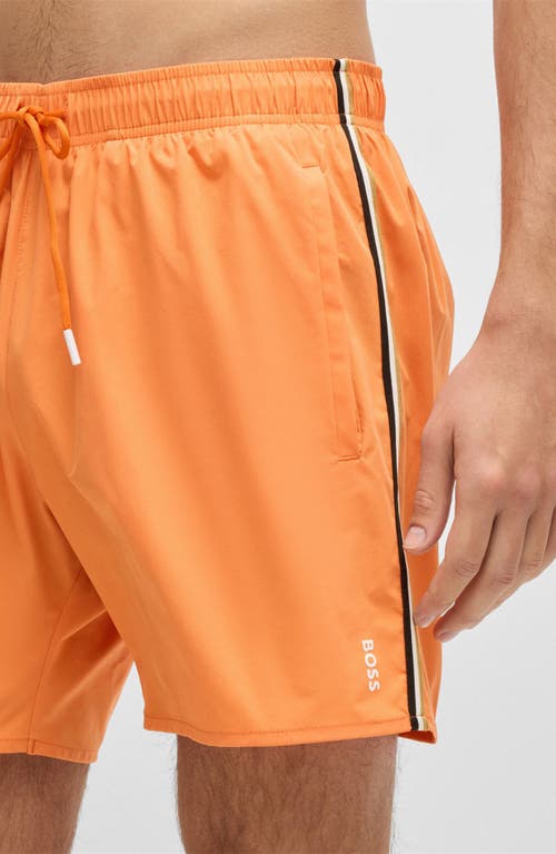 Hugo Boss Boss Iconic Side Stripe Stretch Swim Trunks In Orange