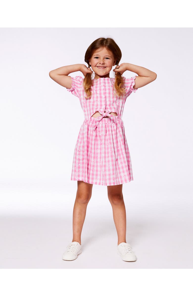 Deux par Deux Girl's Puff Sleeve Dress With Waist Tie Pink And White Checks, Alternate, color, Pink And White Checks