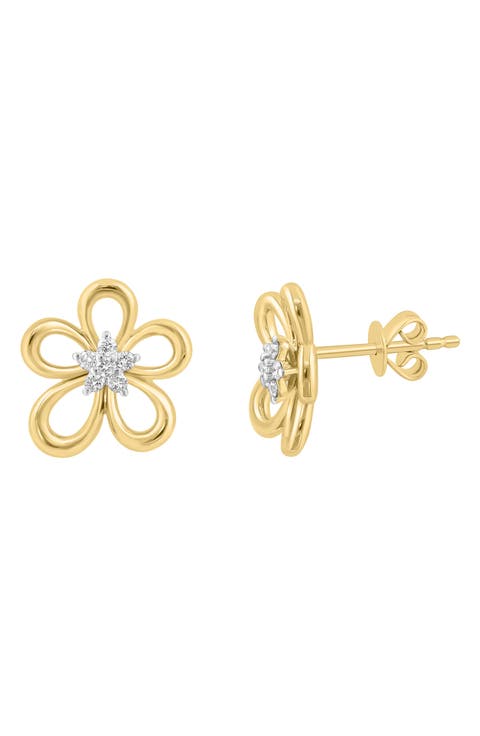 14K Gold Plated Sterling Silver Diamond Flower Stud Earrings