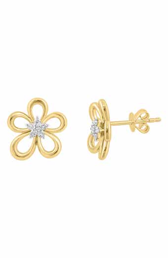 14K Gold Plated Sterling Silver Diamond Flower Stud Earrings