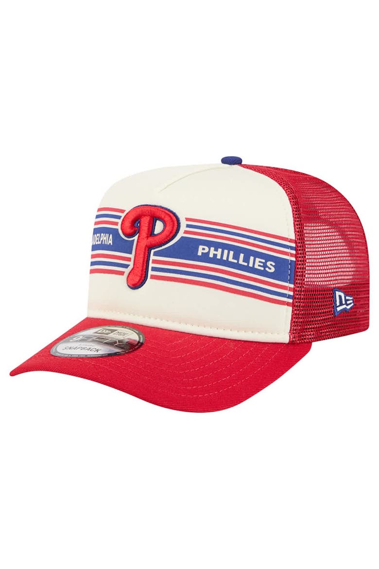 Men's New Era Cream/Red Philadelphia Phillies Banner A-Frame 9FIFTY Trucker Snapback Hat, Main, color, Cream