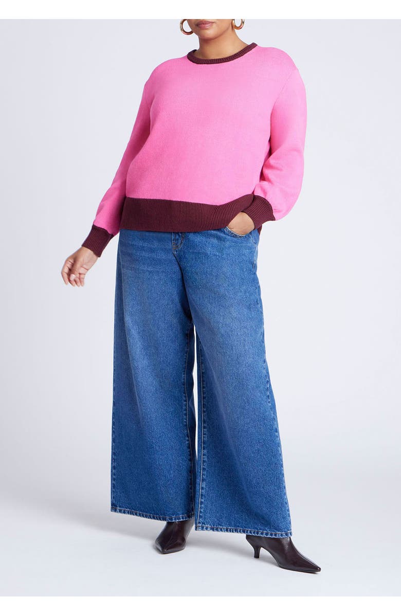 ELOQUII Contrast Rib Sweater, Alternate, color, Candy Pink Maroon Banner