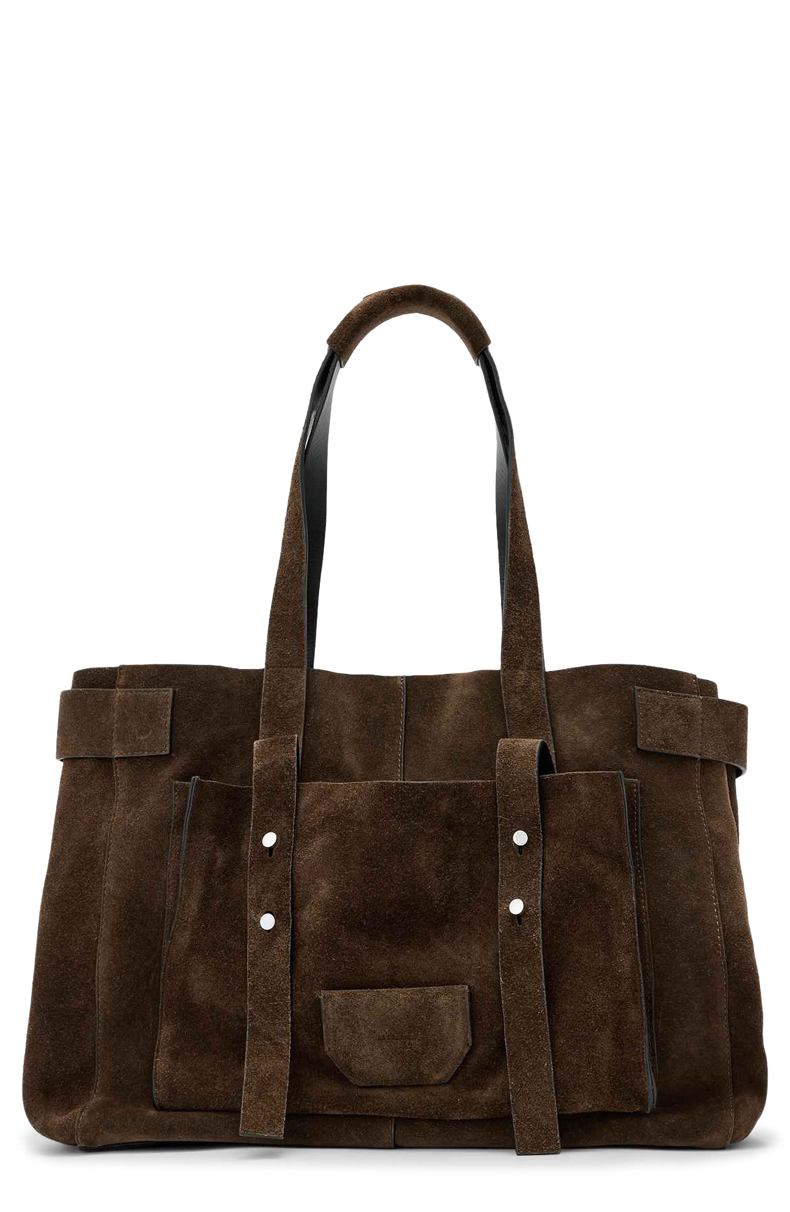 Ursa Suede East/West Leather Tote, Main, color, FANGO BROWN