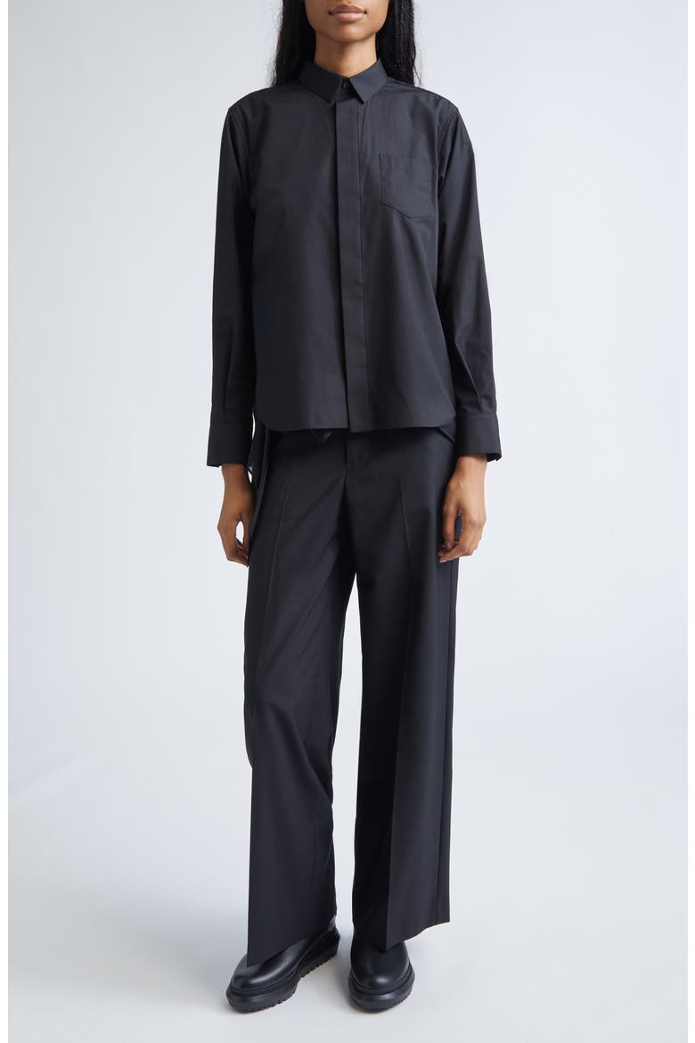 Mixed Media Poplin & Satin Button-Up Shirt, Alternate, color, BLACK
