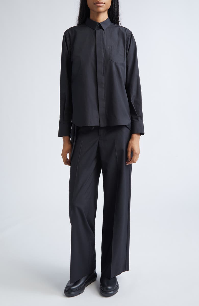 Sacai Mixed Media Poplin & Satin Button-Up Shirt, Alternate, color, Black