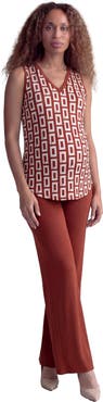24seven Comfort Apparel Maternity Essential Abstract Print V-Neck Round Hem Top and Flared Pant Set