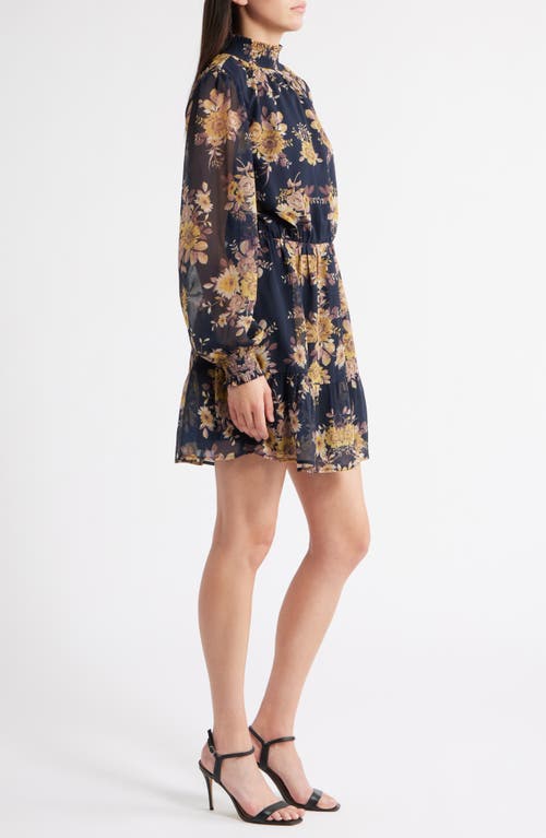 Lost + Wander Water Lily Floral Mock Neck Long Sleeve Dress In Blue