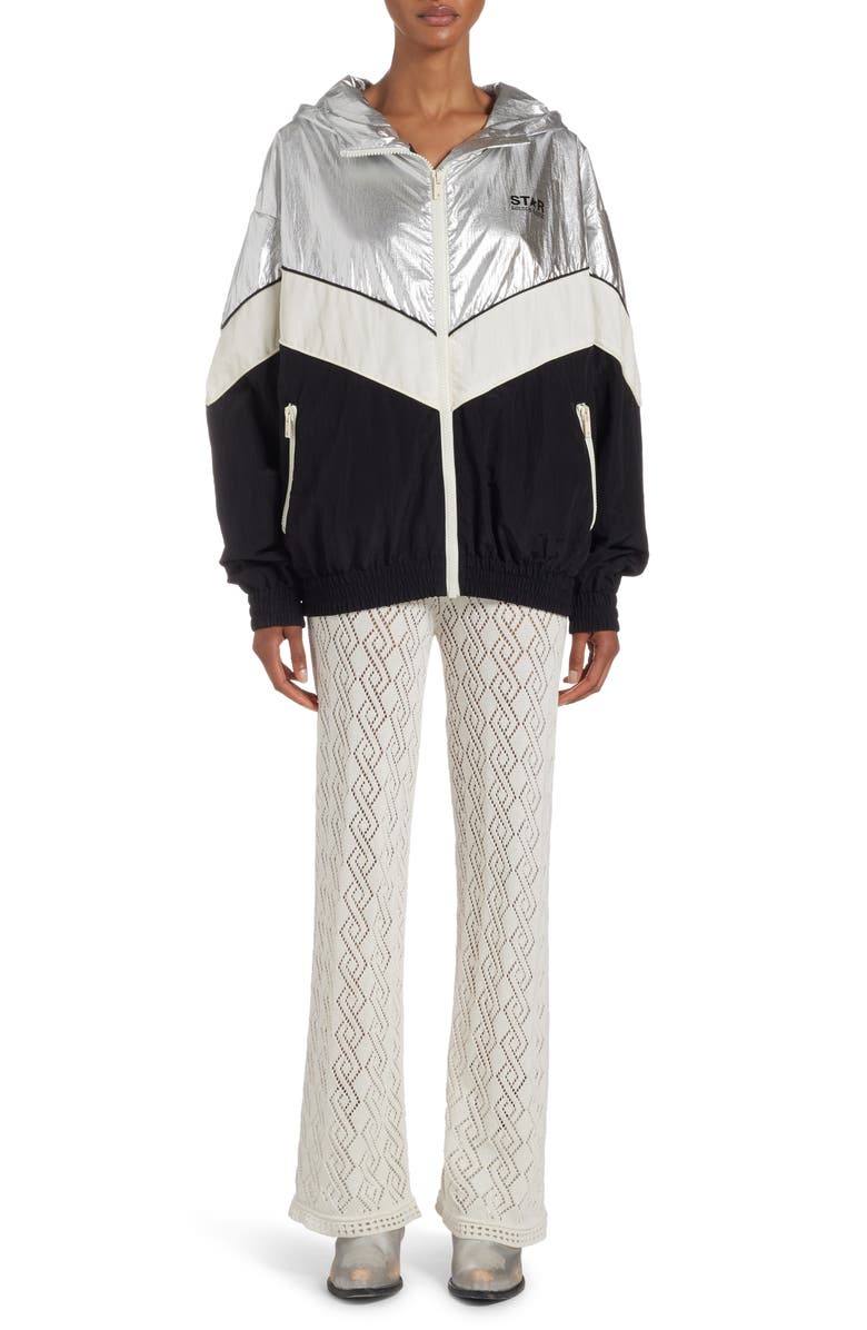 Golden Goose Patchwork Hoodie Windbreaker, Alternate, color, Silver/ Dark Papyrus/ Black