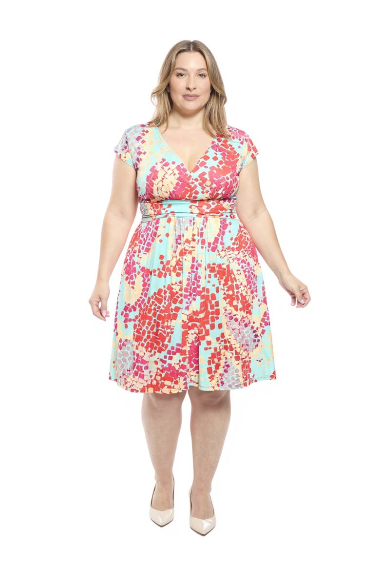Plus Size Abstract V-Neck Cap Sleeve Knee Length A-Line Pocket Dress, Main, color, Blue Multi