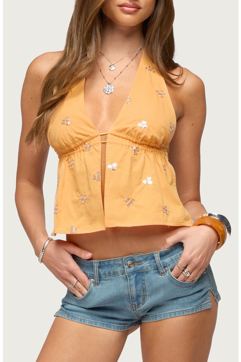 Cherra Sequin Split Front Halter Top, Main, color, ORANGE