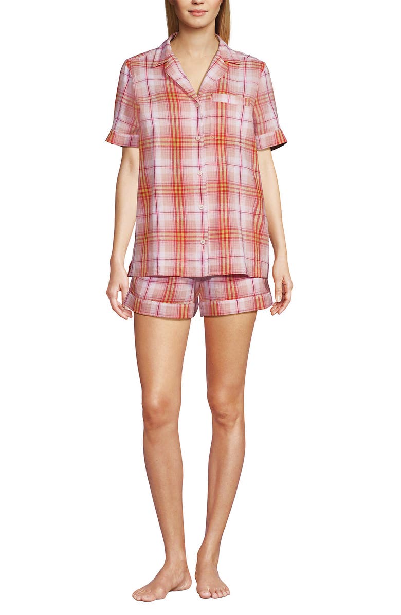 Lands
 End Women Linen 2 Piece Pajama Set - Short Sleeve Top and Shorts, Main, color, Sunset Coral Pink Plaid