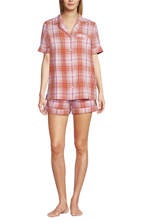 Lands' End Women Linen 2 Piece Pajama Set - Short Sleeve Top and Shorts in Sunset Coral Pink Plaid at Nordstrom, Size Medium