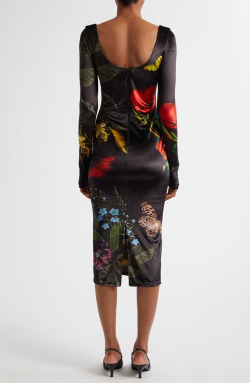 Alice And Olivia In The Wind Floral Delora Scoop-neck Velvet Midi Dress In Black