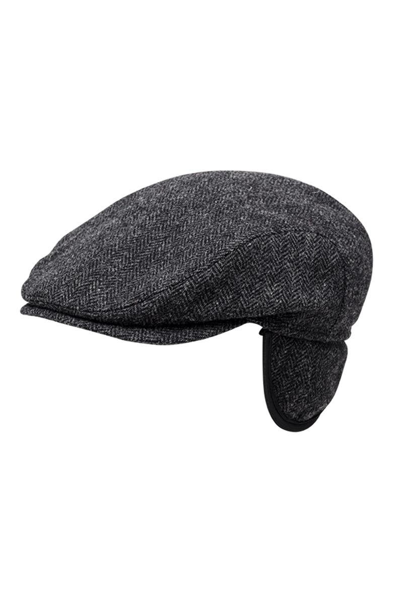 Wigens Men's Herringbone Wool Ivy Slim Cap with Earflaps, Main, color, Dark Grey