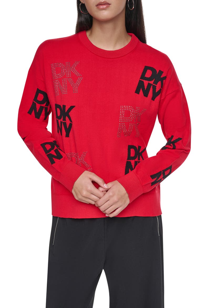 Intarsia Rhinestone Logo Sweater, Main, color, VIBRNT RED