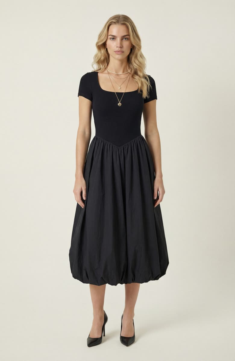 Modenaire Short Sleeve Bubble Hem Midi Dress, Main, color, Black