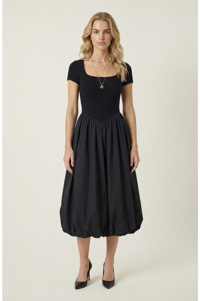 short sleeve bubble hem dress Black Bubble Hem Dress Short Puff Sleeve Mini Style