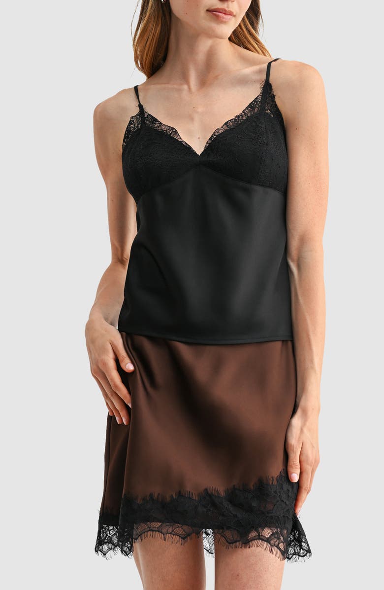 Lush Lace Trim V-Neck Satin Camisole, Main, color, Black