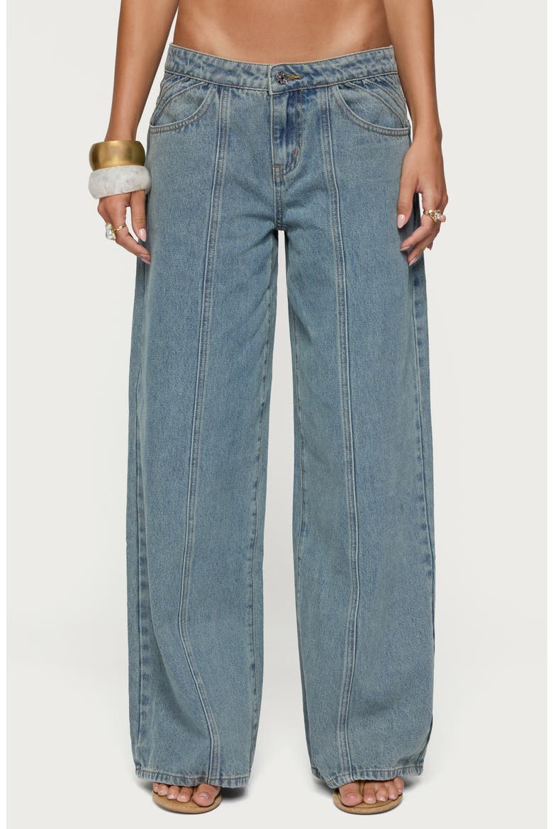 Stitch Pleat Low Rise Wide Leg Jeans, Main, color, BLUE