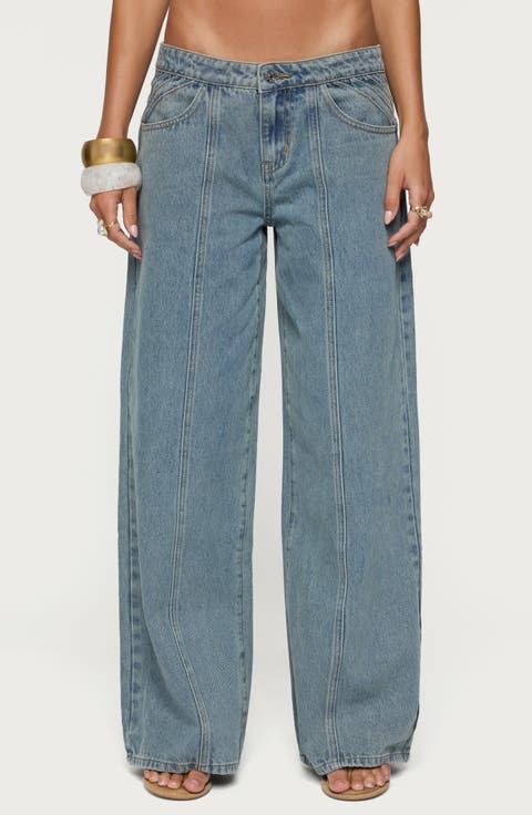 Stitch Pleat Low Rise Wide Leg Jeans