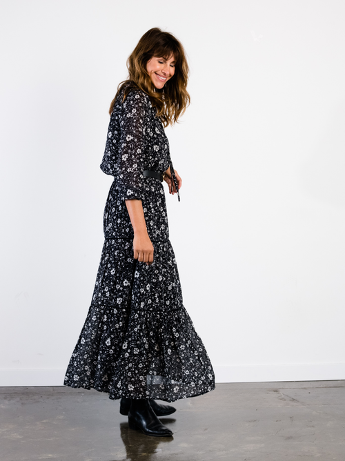 Able Erin Tiered Maxi Skirt In Black/white Floral