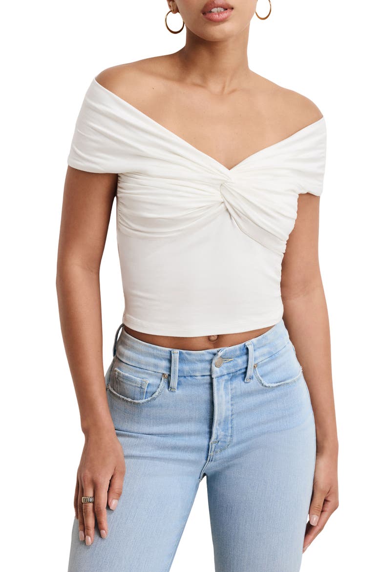 Off the Shoulder Twist Jersey Crop Top, Main, color, CLOUD WHITE001