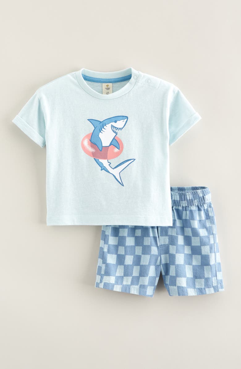 Tucker + Tate Shark Graphic T-Shirt & Drawstring Shorts Set, Main, color, Blue Shark- Sun Faded Check