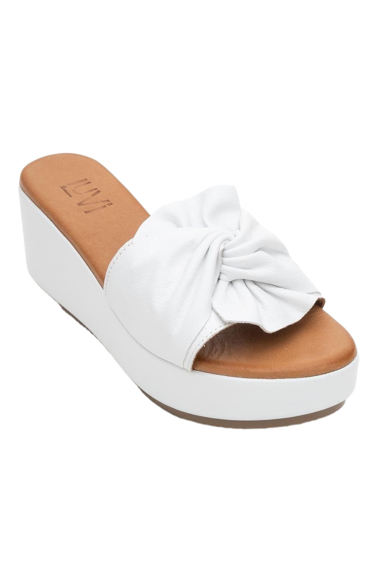 Forever & Always Shoes Syndra Bow Wedge Leather Sandal, Alternate, color, White Leather