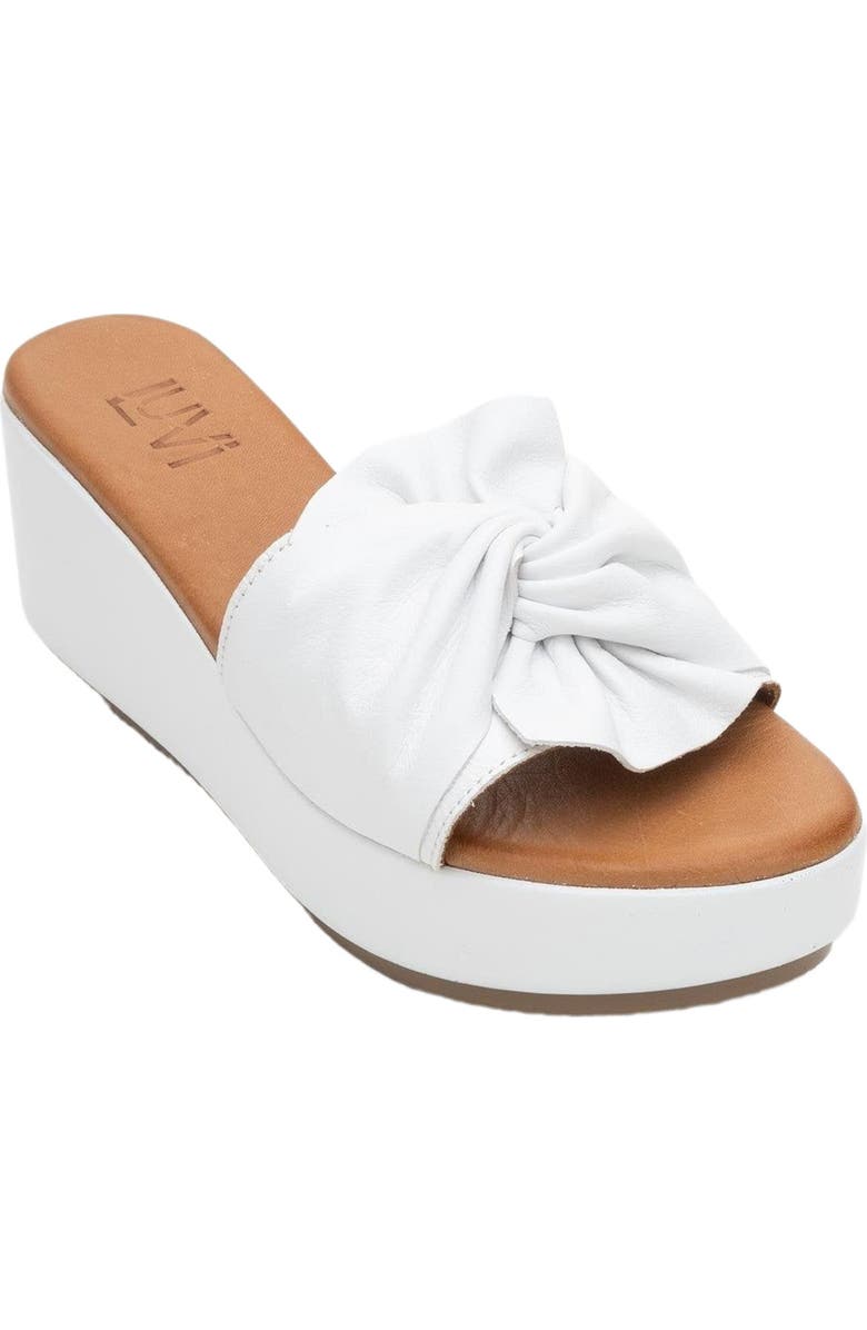 Forever & Always Shoes Syndra Bow Wedge Leather Sandal, Alternate, color, White Leather