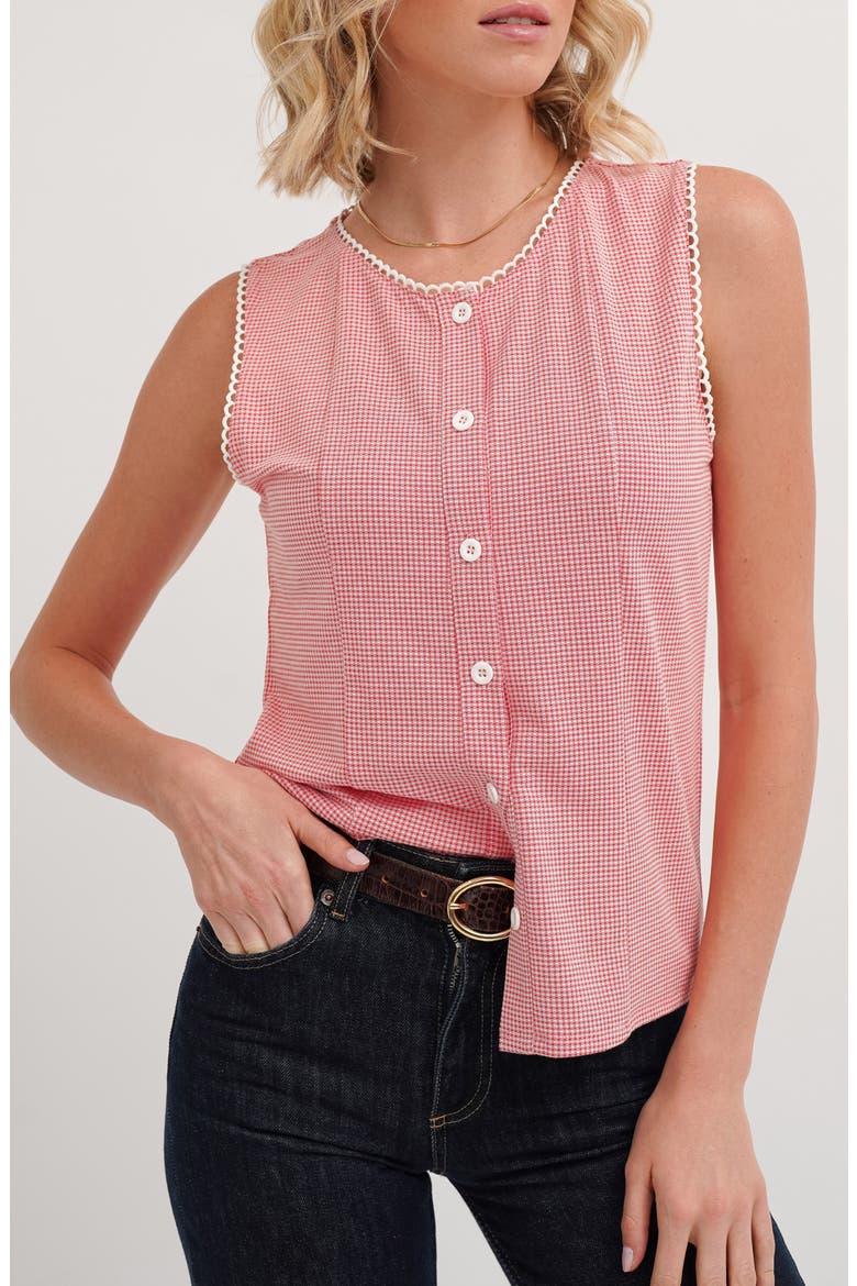 Picot Trim Sleeveless Houndstooth Top, Alternate, color, RED