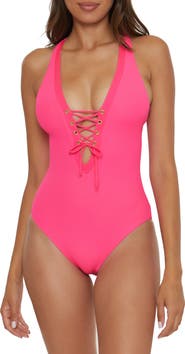 Becca Modern Edge Ribbed Lace-Up Plunge One-Piece Swimsuit