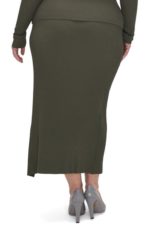 Good American Shine Ribbed Slit Midi Skirt In Brown