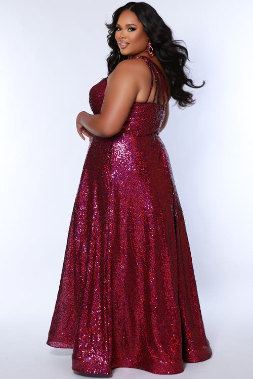Sydney's Closet Sequin A-line One-shoulder Plus Size Gown In Magenta
