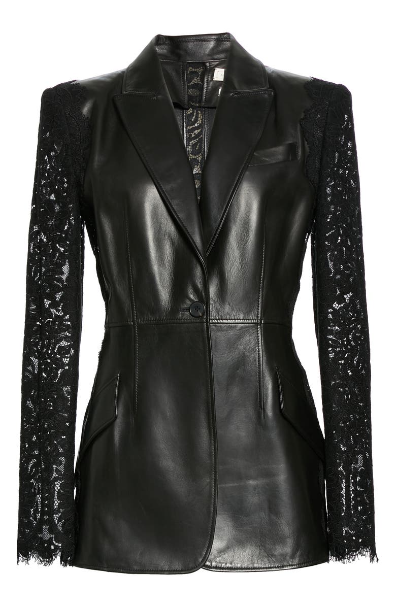 McQueen Alexander McQueen Lace Sleeve Leather Blazer, Alternate, color,