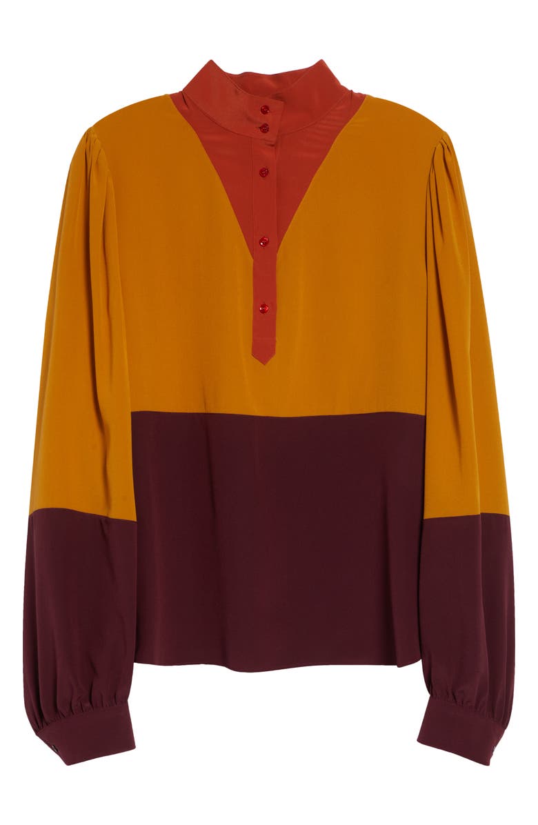 Saint Laurent Colorblock Silk Crêpe de Chine Half-Placket Shirt, Main, color, Lie De Vin