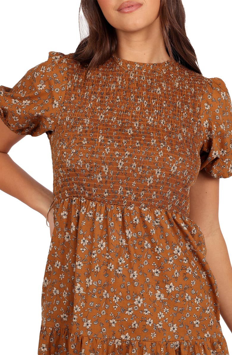 Petal & Pup Naura Tiered Cotton Midi Dress, Alternate, color, Cognac Floral